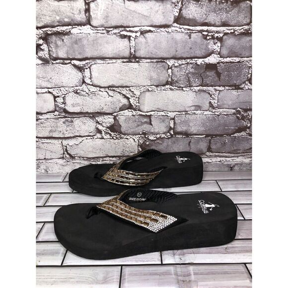 Corky’s Gold Crystal Rhinestone Thong Foam Wedge Sandals Women’s Sz 11M US/42EU - Picture 7 of 16